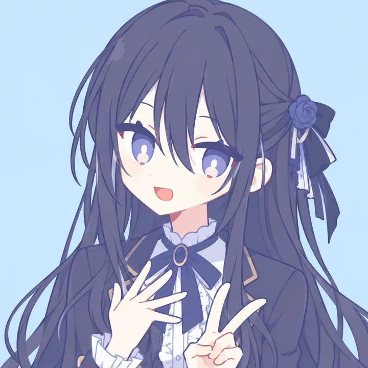 夕堇：黑色长发、堇色眼睛，发间别着蓝玫瑰和缎带，穿金边制服，笑着比耶